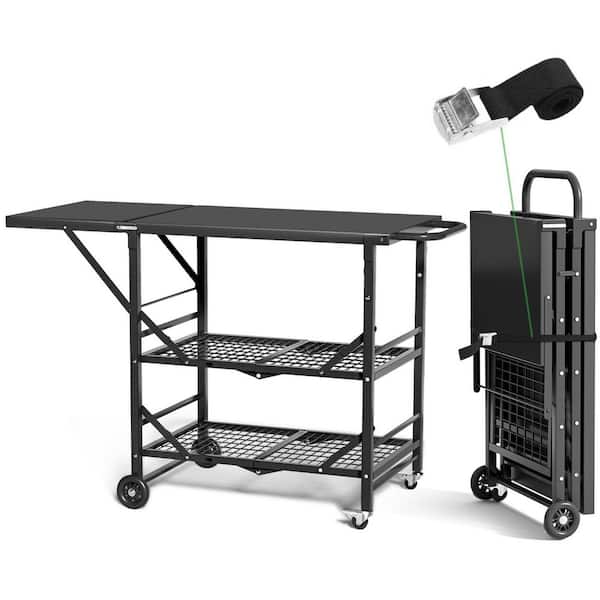 Outdoor Metal 3-Shelf Folding Grill Cart with Side Table and 4 Hooks Outdoor Bar Cart Grill Station for Pizza Oven