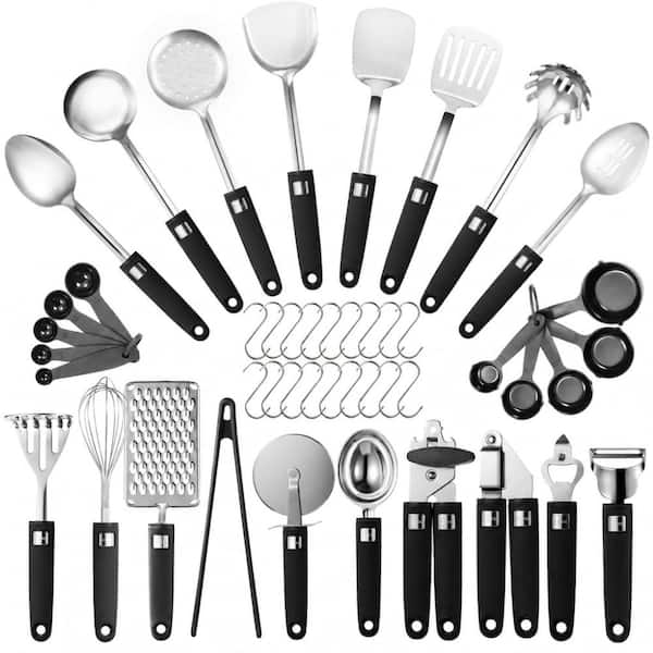 Silver 18/8 Stainless Steel Cooking Utensil and Tool Set with Metal Hanging S Hooks 46-Piece