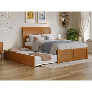 Portland Light Toffee Natural Bronze Solid Wood Frame Full Platform Bed with Footboard and Twin Trundle