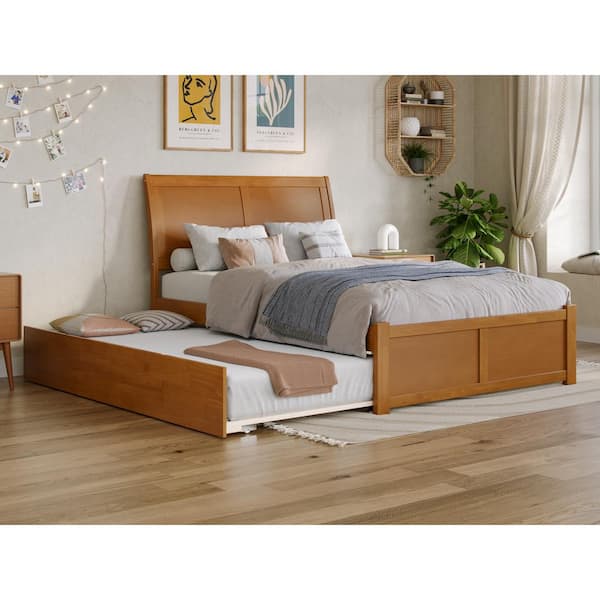 AFI Portland Light Toffee Natural Bronze Solid Wood Frame Full Platform Bed with Footboard and Twin Trundle