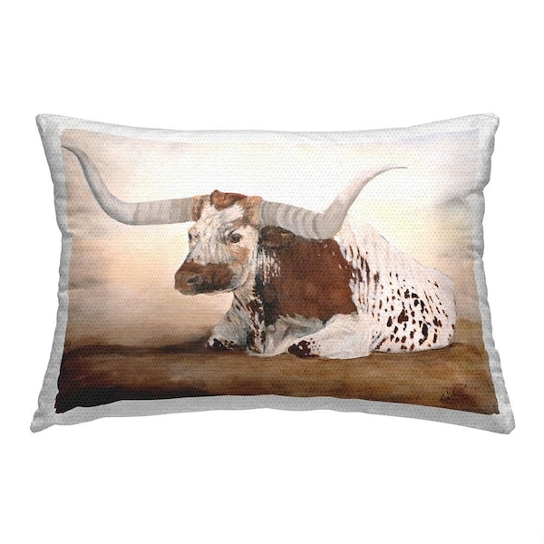 Farmhouse Longhorn Portrait Brown Rectangular Outdoor Throw Pillow