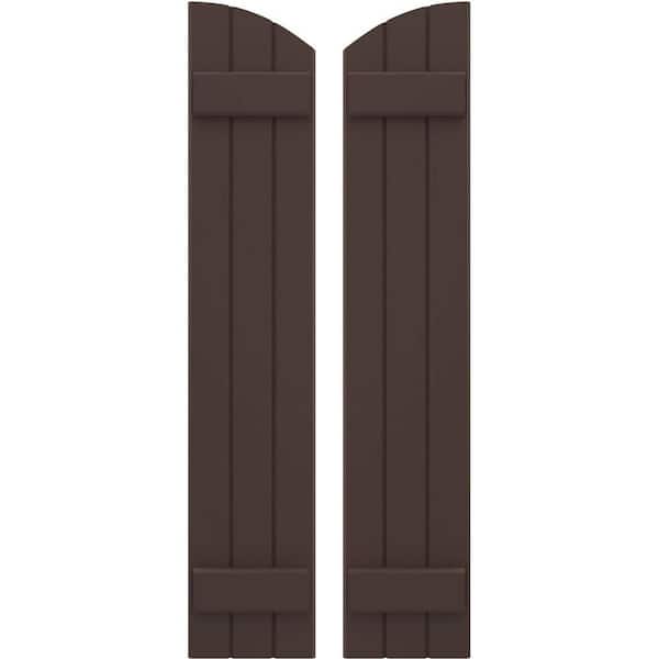 Ekena Millwork 10-1/2 in. W x 74 in. H Americraft Exterior Real Wood Joined Board and Batten Shutters with Elliptical Top Raisin Brown