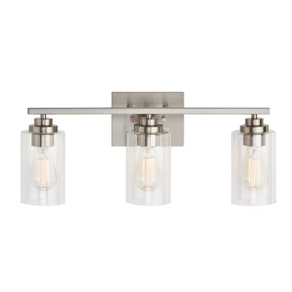 Brushed Nickel 3-Light Cylinder Glass Outdoor Vanity Fixture