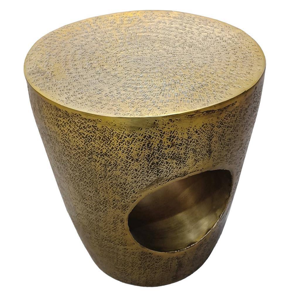 Antique Brass Round Metal Drum Side Table with Hollow Center
