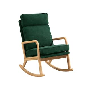 Modern Wood Outdoor Rocking Chair with Green Cushions, Comfortable Boucle Upholstered High Back