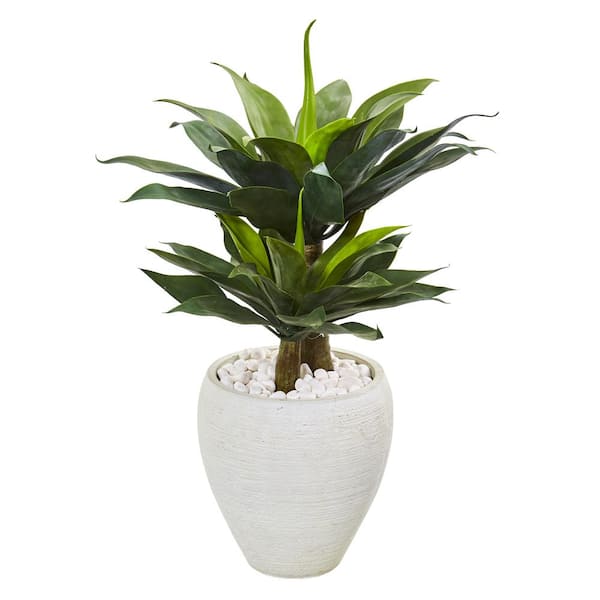 Nearly Natural 33 in. Double Agave Succulent Artificial Plant in White Planter