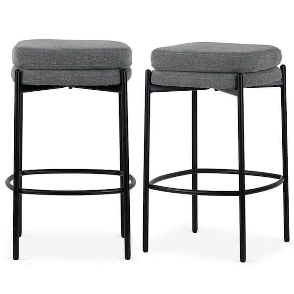 Glamour Home Avril 27 in. Gray Boucle Backless Metal Counter Stool with Black Metal Legs Set of 2