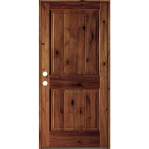 36 in. x 80 in. Rustic Knotty Alder Square Top V-Grooved Red Chestnut Stain Right-Hand Wood Single Prehung Front Door