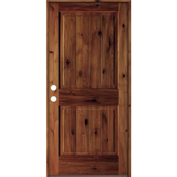 Krosswood Doors 36 in. x 80 in. Rustic Knotty Alder Square Top V-Grooved Red Chestnut Stain Right-Hand Wood Single Prehung Front Door