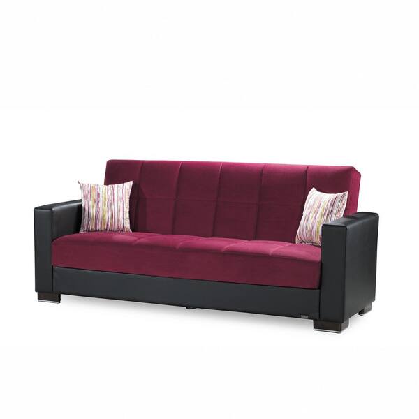 Ottomanson Armada 88 in. Burgundy Microfiber 3-Seater Full Sleeper Convertible Sofa Bed with Storage