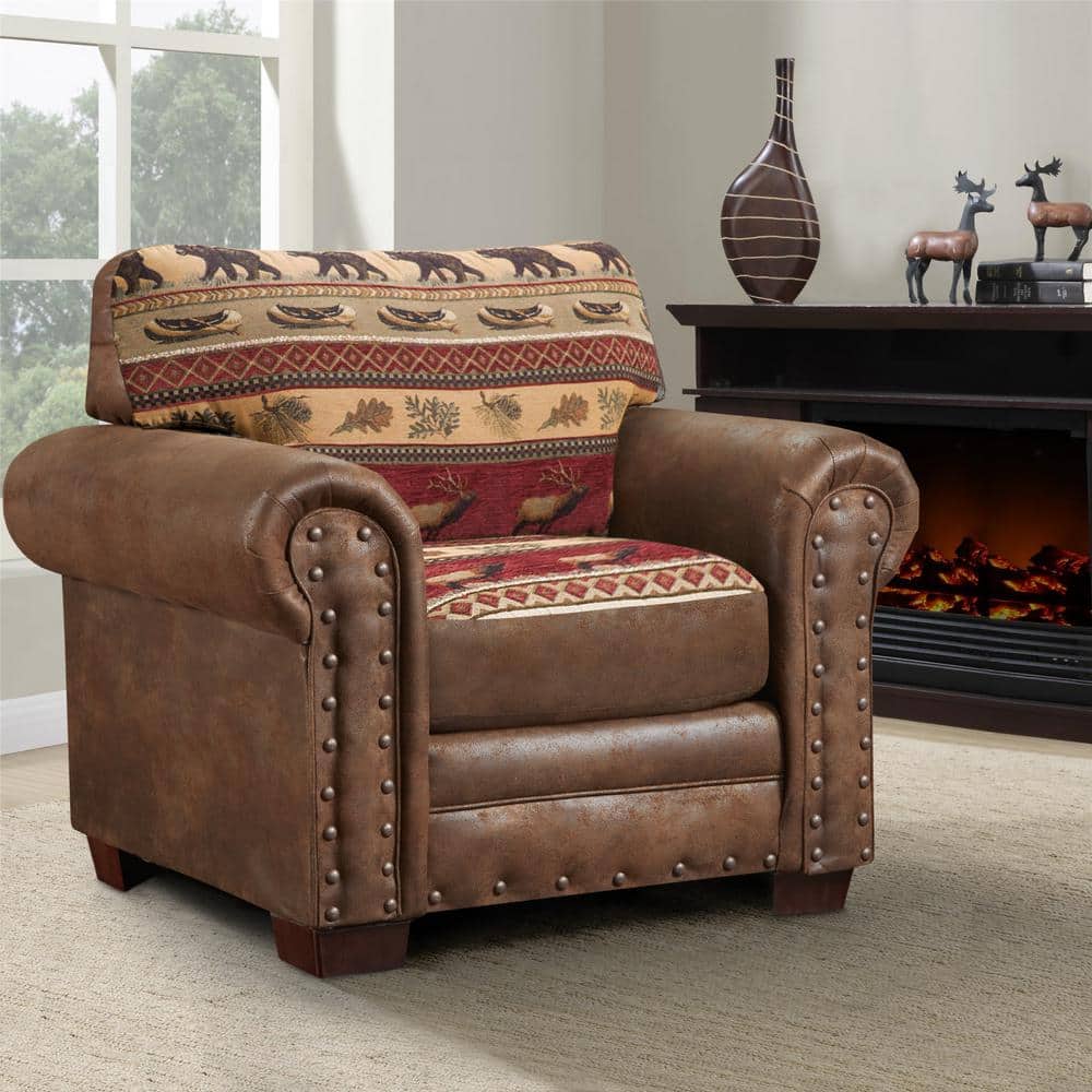 Sierra Lodge Rustic Oak Wood Accent Chair with Elk and Bear Tapestry