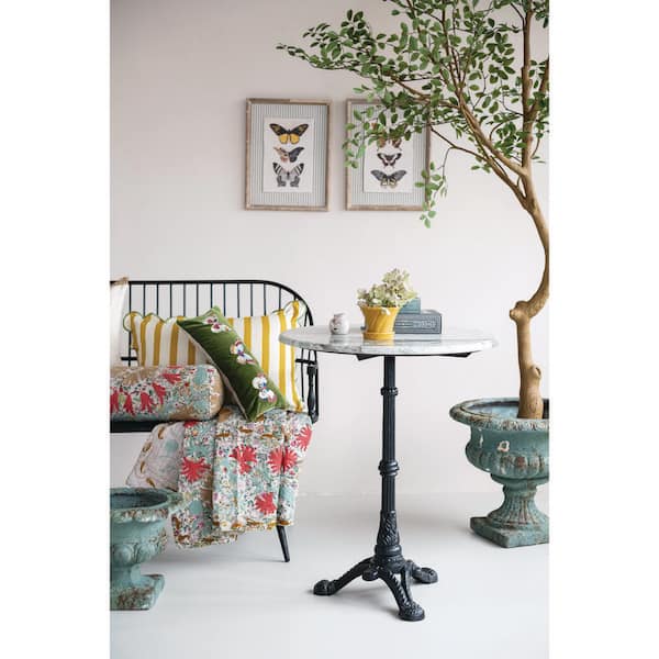 26 in. Black and Green Melange Round Marble Bistro End Table with Cast Metal Base