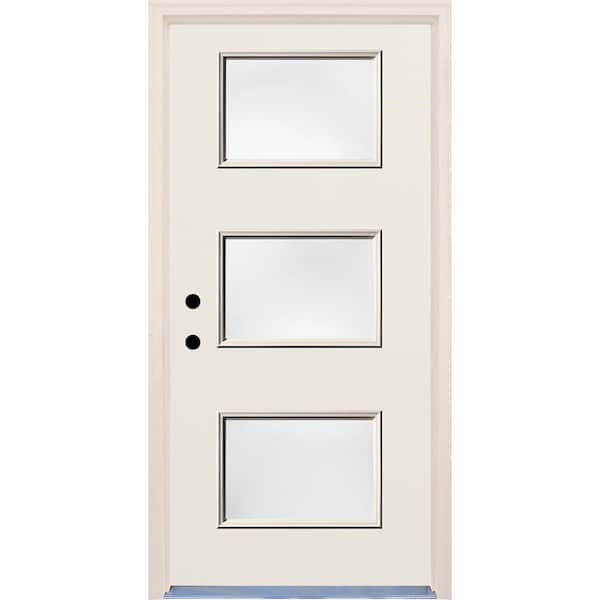 Builders Choice 36 in. x 80 in. Right-Hand 3 Lite Clear Glass Unfinished Fiberglass Raw Prehung Front Door with Brickmould