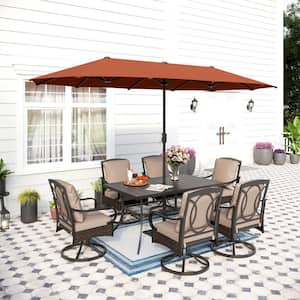 8-Piece Metal Outdoor Dining Set with CushionGuard Beige Cushions Wicker Swivel Rockers and Red Orange Umbrella