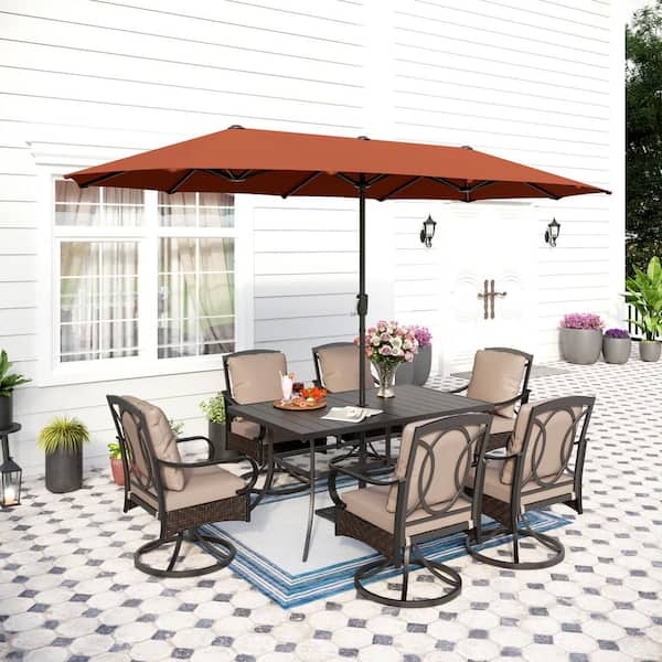 PHI VILLA 8-Piece Metal Outdoor Dining Set with CushionGuard Beige Cushions Wicker Swivel Rockers and Red Orange Umbrella