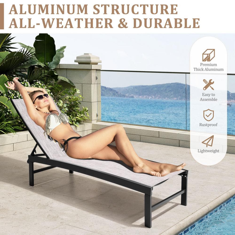Set of 2 Adjustable Aluminum Chaise Lounge Chairs with Earth Fabric