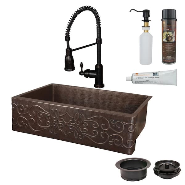 Premier Copper Products 30 in. Hammered Copper Kitchen Apron Single Basin Sink with Scroll Design with ORB Accessories