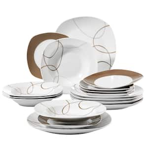 Nikita 18-Piece Casual Ivory White With Brown Lines Porcelain Dinnerware Set (Service for 6)