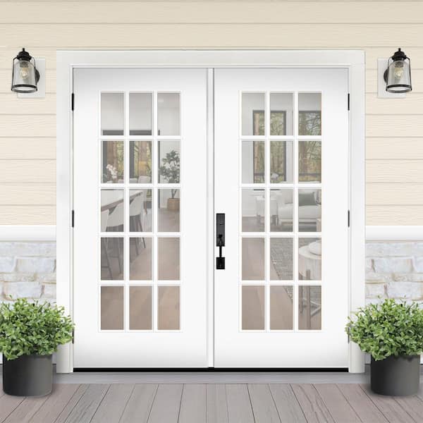 Reliant 72 in. x 80 in. FullLite 15L-SDL Clear Glass LHOS Unfinshd White Fiberglass Double Prehung Front Door w/6" Jamb