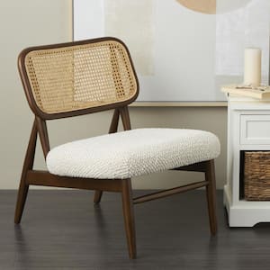 Dark Brown Wood Accent Chair with Cream Boucle Upholstery and Tan Rattan Backrest