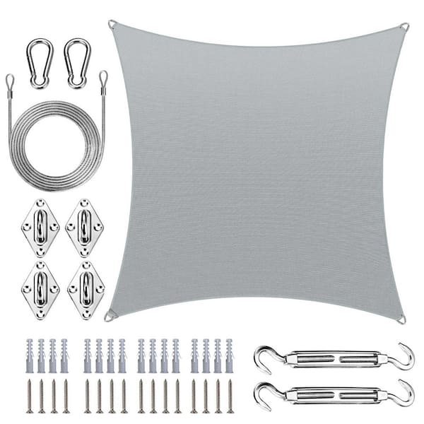 Pro Ring 20 ft. x 20 ft. Square Sun Shade Sail with Hardware Kit and Rope-Grey