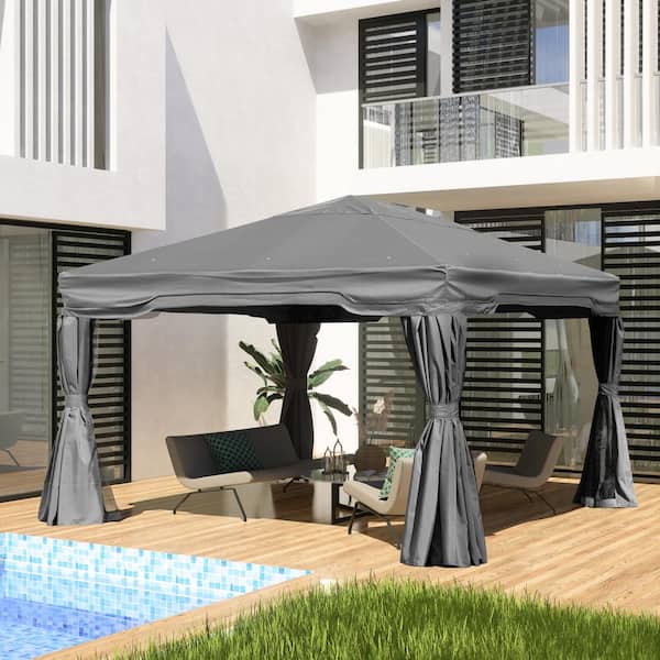 Aoodor 12 ft. x 12 ft. Gray Aluminum Frame Outdoor Patio Soft Top Gazebo Party Event Canopy Tent w/Curtain and Mosquito Net