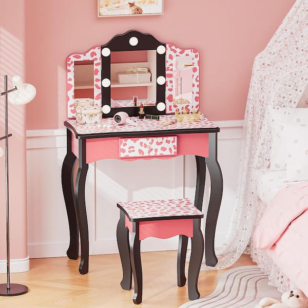 Kids MDF Vanity Table Set in Pink Makeup Vanity Set with 1 Drawer with 3-Color Dimmable LED Bulb