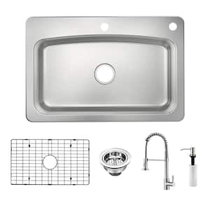 Belmar Dual Mount 18-Gauge Stainless Steel 33 in. 2-Hole Single Bowl Kitchen Sink with Grid, Drain, Pre-Rinser Faucet