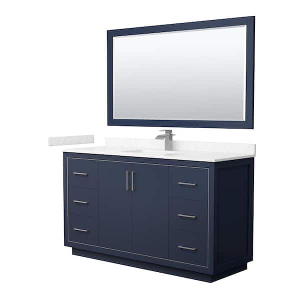 Wyndham Collection Icon 60 in. W x 22 in. D x 35 in. H Single Bath Vanity in Dark Blue with Carrara Cultured Marble Top and 58 in. Mirror