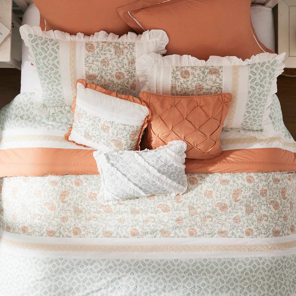 Coral and White Cotton Queen Comforter Set with Floral Print