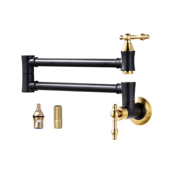 ﻿Brass Wall Mounted Pot Filler Double Joint Swing Arms Kitchen Faucet with 360° Spout Swivel in Black and Gold