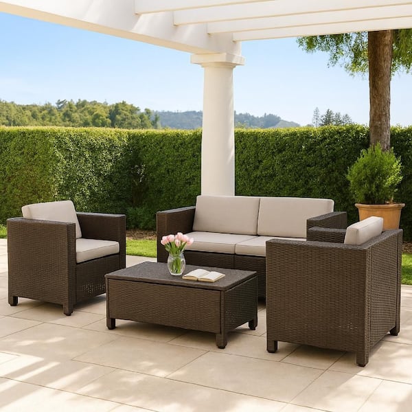 Perie Brown 4-Piece Rattan Outdoor Sofa Chair and Table Patio Conversation Set with White Cushions