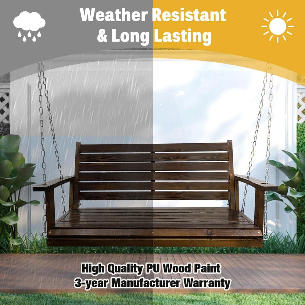 Deep Brown Wooden Porch Swing with Ergonomic Seat and Hanging Chains