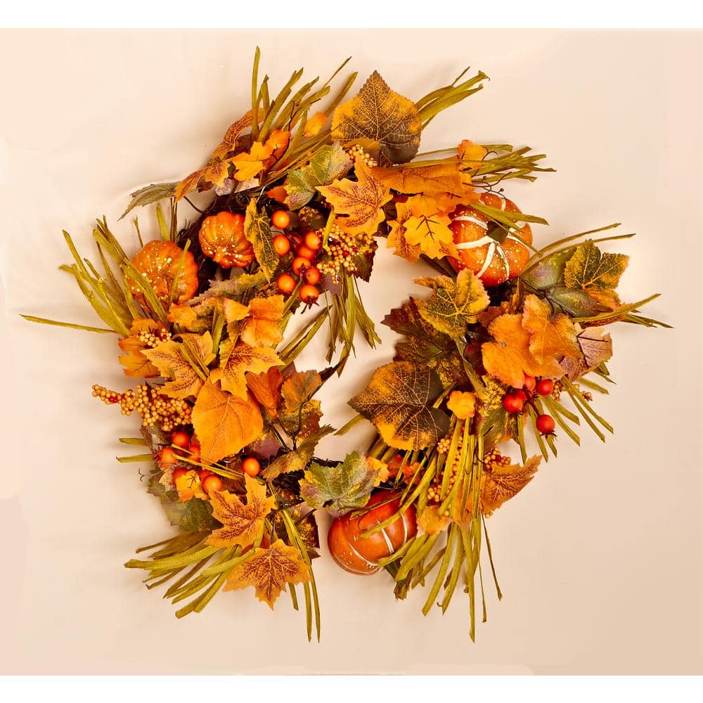 20 in. Artificial Fall Wreath with Long Grasses Berries Pumpkins and Leaves