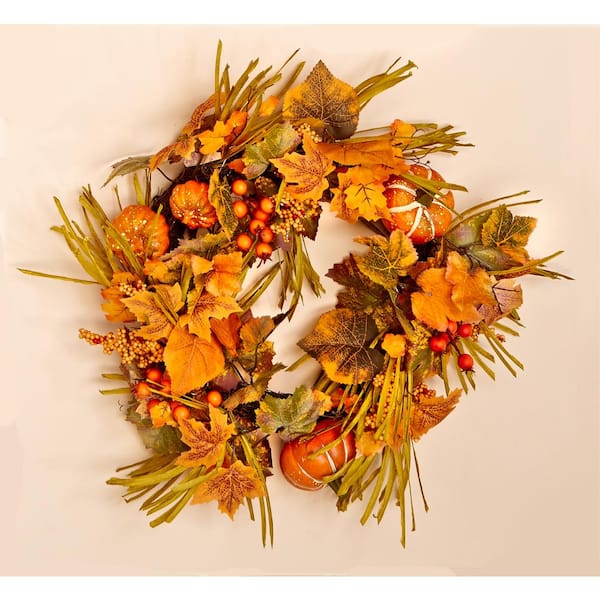 Unbranded 20 in. Artificial Fall Wreath with Long Grasses Berries Pumpkins and Leaves