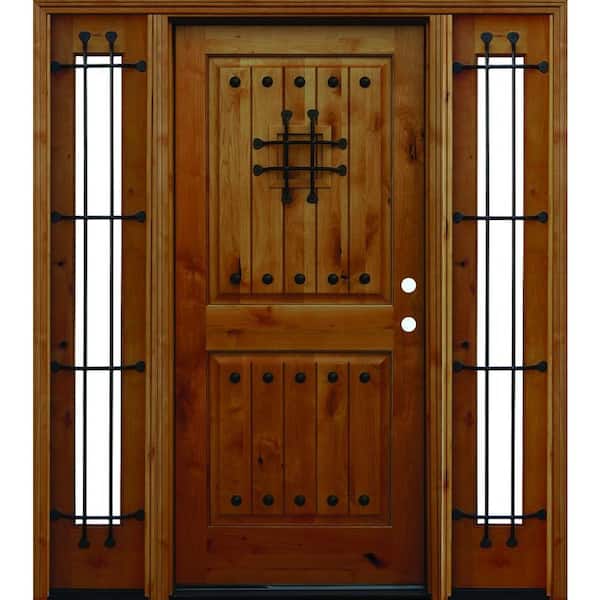 Pacific Entries 70 in. x 80 in. Mediterranean Rustic 2-Panel V-Groove Stained Knotty Alder Wood Prehung Front Door with 14 in. Sidelites