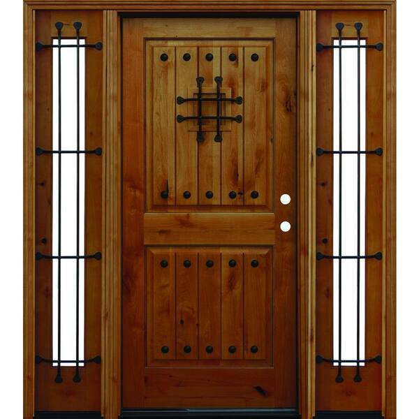 Pacific Entries 70in.x80in. Rustic 2-Panel V-Groove Stained Knotty Alder Wood Prehung Front Door w/6 in. Wall Series and 14in. Sidelites