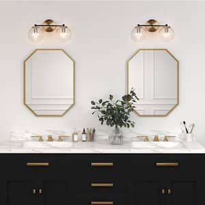 14.5 in. 2-Light Polished Brass Modern Bathroom Vanity Light, DIY Globe Seeded Glass Bath Lighting, Black Wall Sconce
