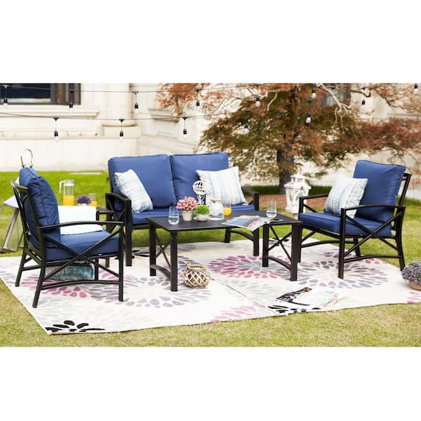 Patio Festival 5-Piece Metal Patio Conversation Set with Blue Cushions