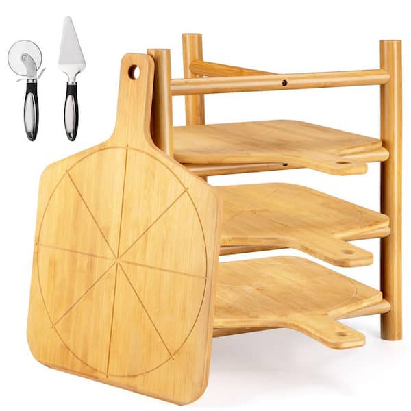4-Piece Bamboo Pizza Peel Set with Stand, Cutting Board with 6 Slice Grooves and Stainless Steel Cutting Wheel