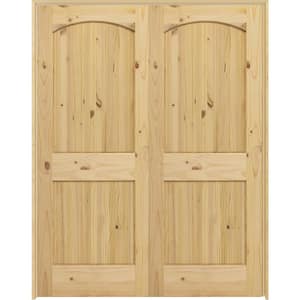 48 in. x 80 in. Universal 2-Pnl Unfinished Archtop Knotty Pine Wood Double Prehung Interior French Door w/ Nickel Hinges