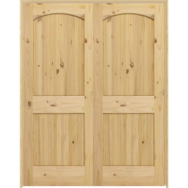 Steves & Sons 48 in. x 80 in. Universal 2-Pnl Unfinished Archtop Knotty Pine Wood Double Prehung Interior French Door w/ Nickel Hinges
