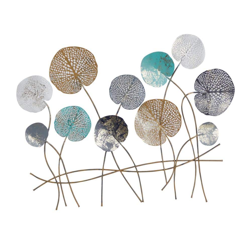 Blue and Gold Metal Floral Wall Sculpture with Gold Trim