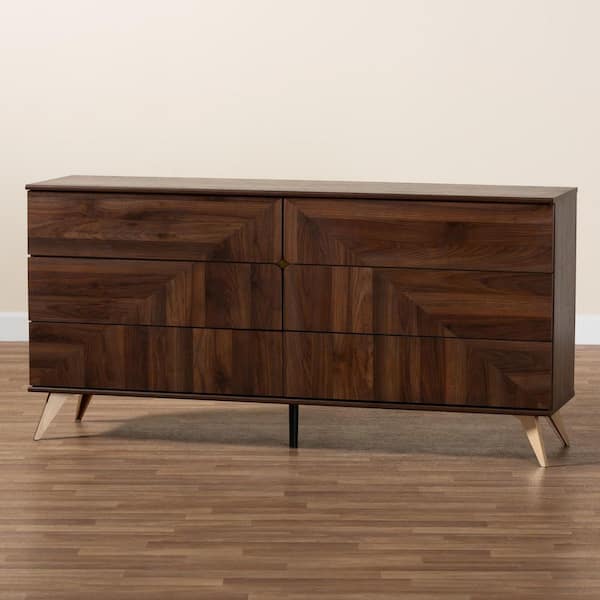 Baxton Studio Graceland Walnut Brown and Gold 6 Drawer 62.4 in