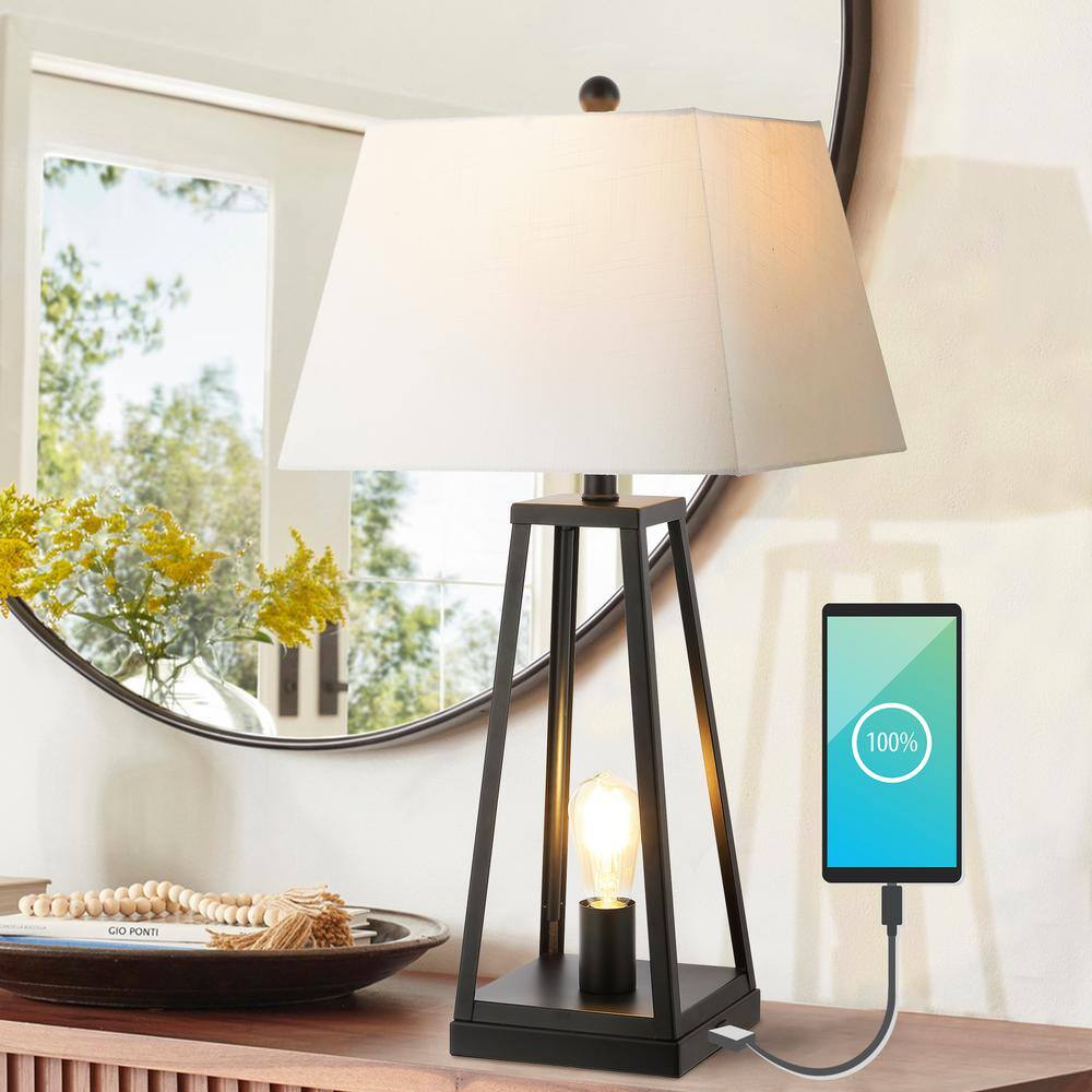 Waylon Black Iron Industrial Table Lamp with USB Port