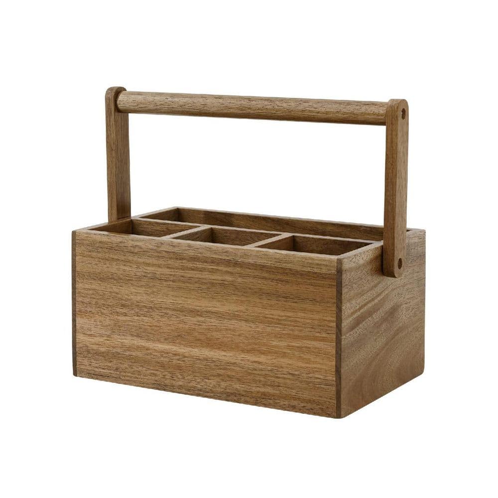 Brown 9 in. x 5 in. Wood Acacia Silverware Caddy Box with Handle ...