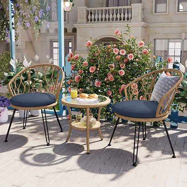 Unbranded 3-Piece Modern Wicker Outdoor Serving Bar Set Bistro Set w/ Blue Cushion & Glass-Top Coffee Table for Garden Courtyard