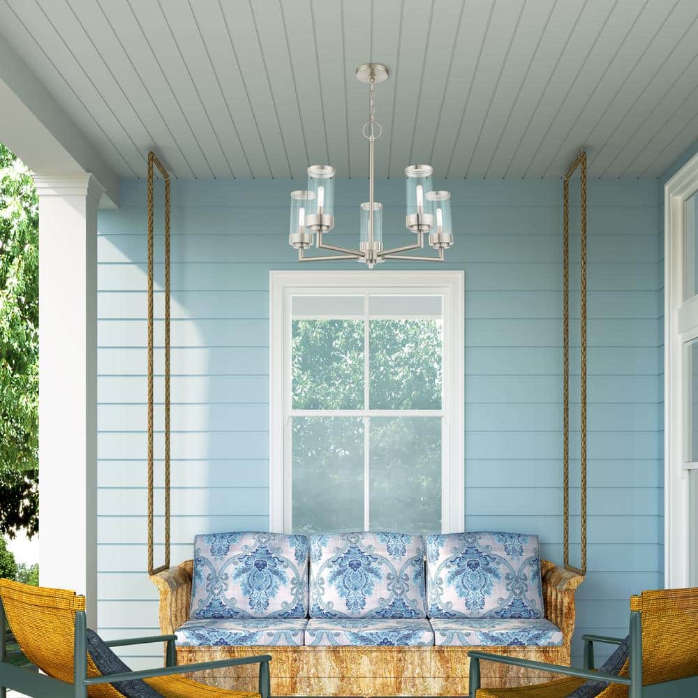 Brushed Nickel 5-Light Outdoor Chandelier with Clear Glass Shades