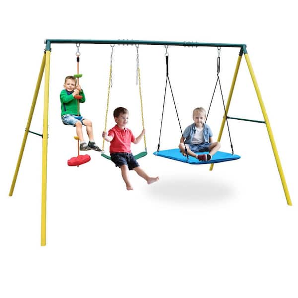 Multicolor Metal Swing Playset with Climbing Rope
