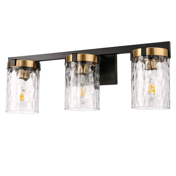 YANSUN 24 in. 3-Light Black and Gold Bathroom Vanity Light with Textured Glass for Vanity, Bathroom, and Powder Room